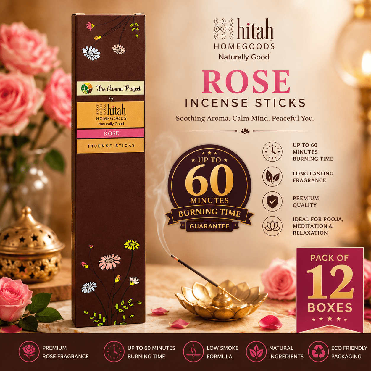 Rose Incense Sticks (Agarbatti) Pack of 12 Bulk