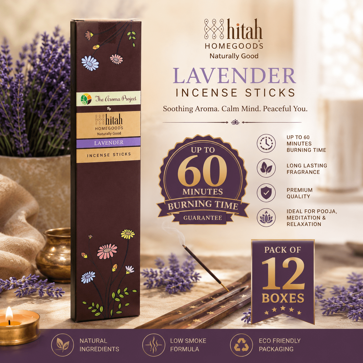Lavender Incense Sticks (Agarbatti) Pack of 12 Bulk